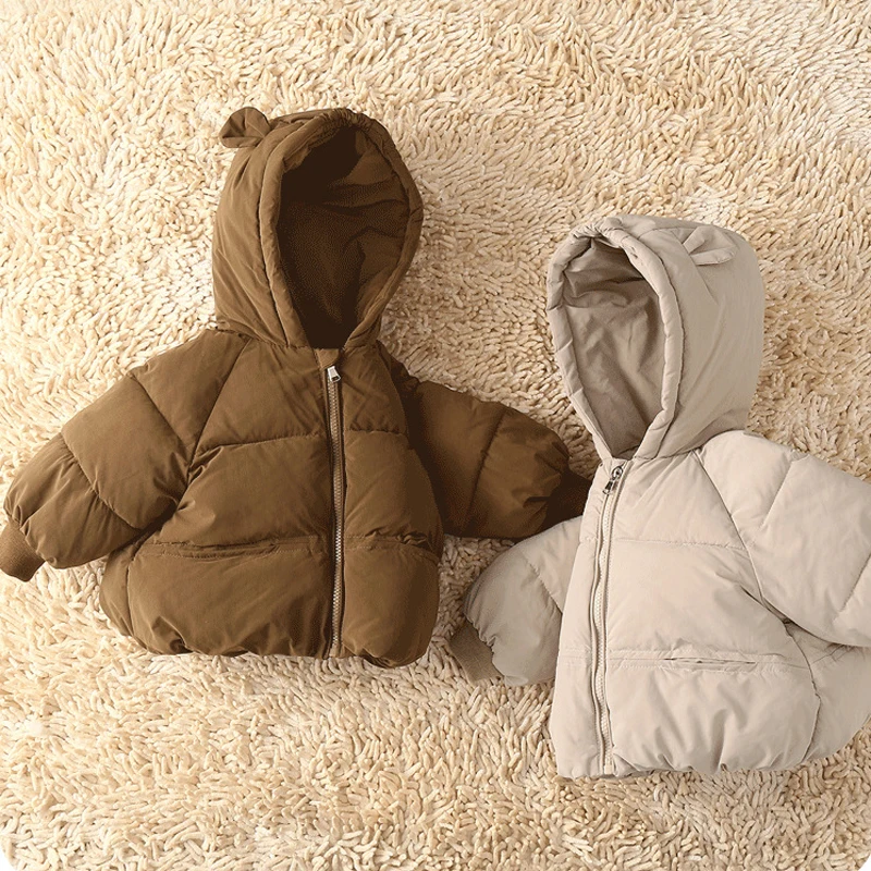 2023 New Baby Coat Winter Thickened Down Jackets Girls Boys Plush Warm Outerwear Childrens Solid Hooded Cotton Parkas Snowsuit