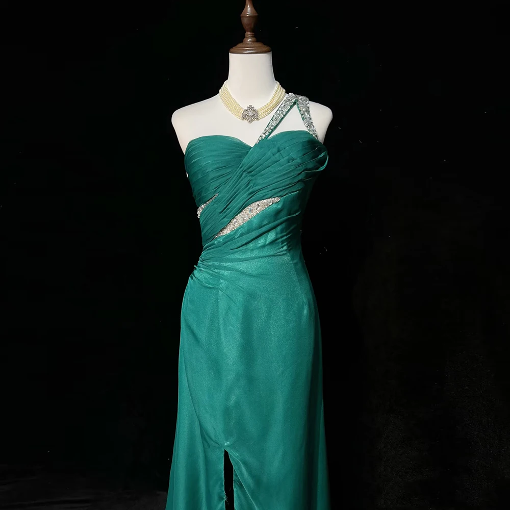 Vintage Green One Shoulder Crystal Prom Dress Backless Pleat Sleeveless Slit A-line Gown Wedding Cocktail Evening Party Dress