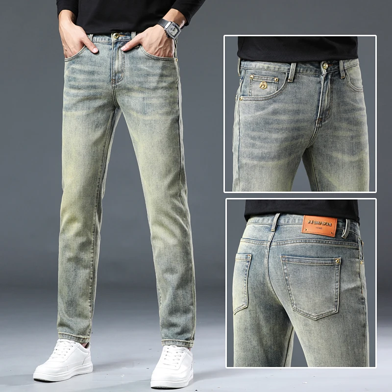 Pantalones vaqueros retro azul claro de gama alta para hombre, pantalones elásticos delgados antiguos, moda de pies pequeños, otoño e invierno, nuevo