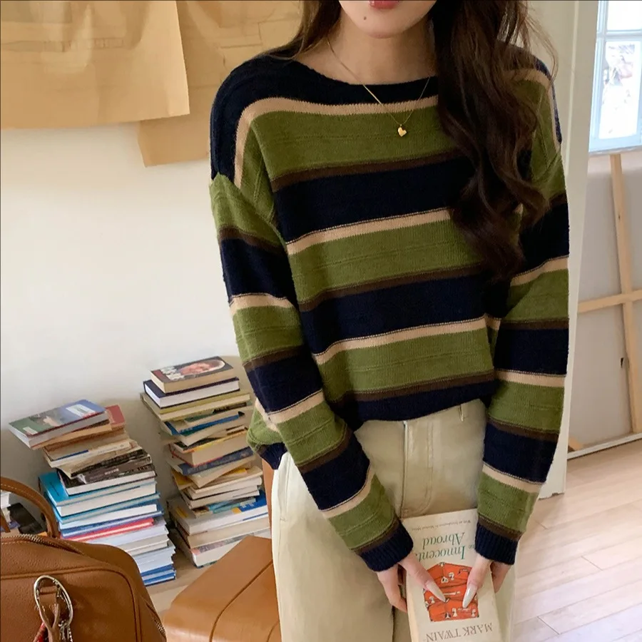

Женский повседневный полосатый пуловер, топ с круглым вырезом, свободный свитер, осень 2024, новый модный удобный свитер