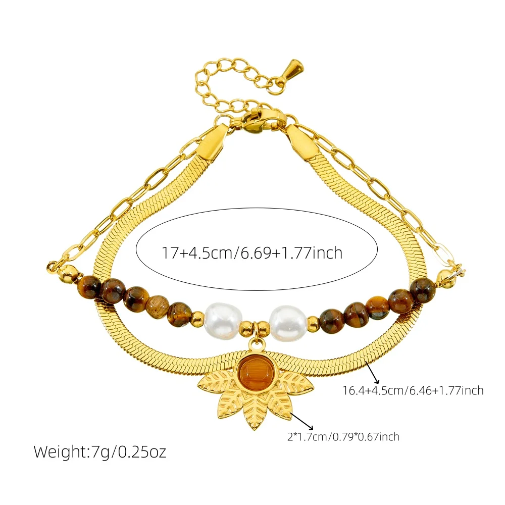 LAMENGLY 316L Stainless Steel Double-Layer Amber Bead 5-Leaf Flower Bracelet For Women Girl Novel Trend Wrist Jewelry Party Gift