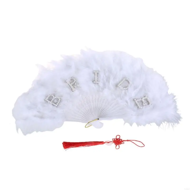 Hermoso abanico hecho a mano Y88C, abanico plumas para boda, elegante abanico mano nupcial con pluma