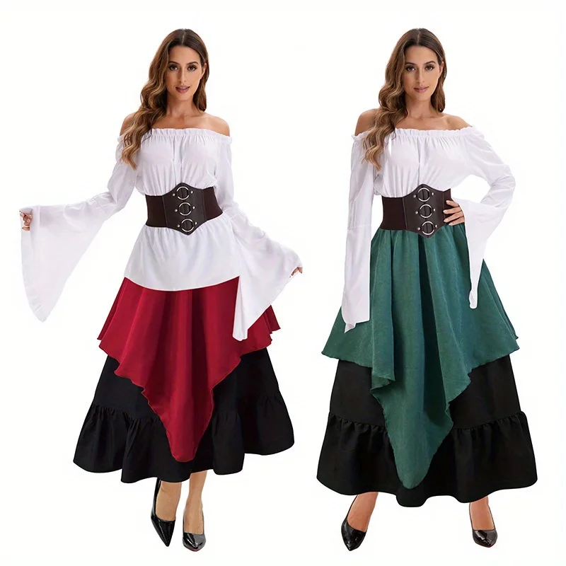 

Retro Medieval Large Skirt Irregular Half Skirt Top Long Skirt Set for Women