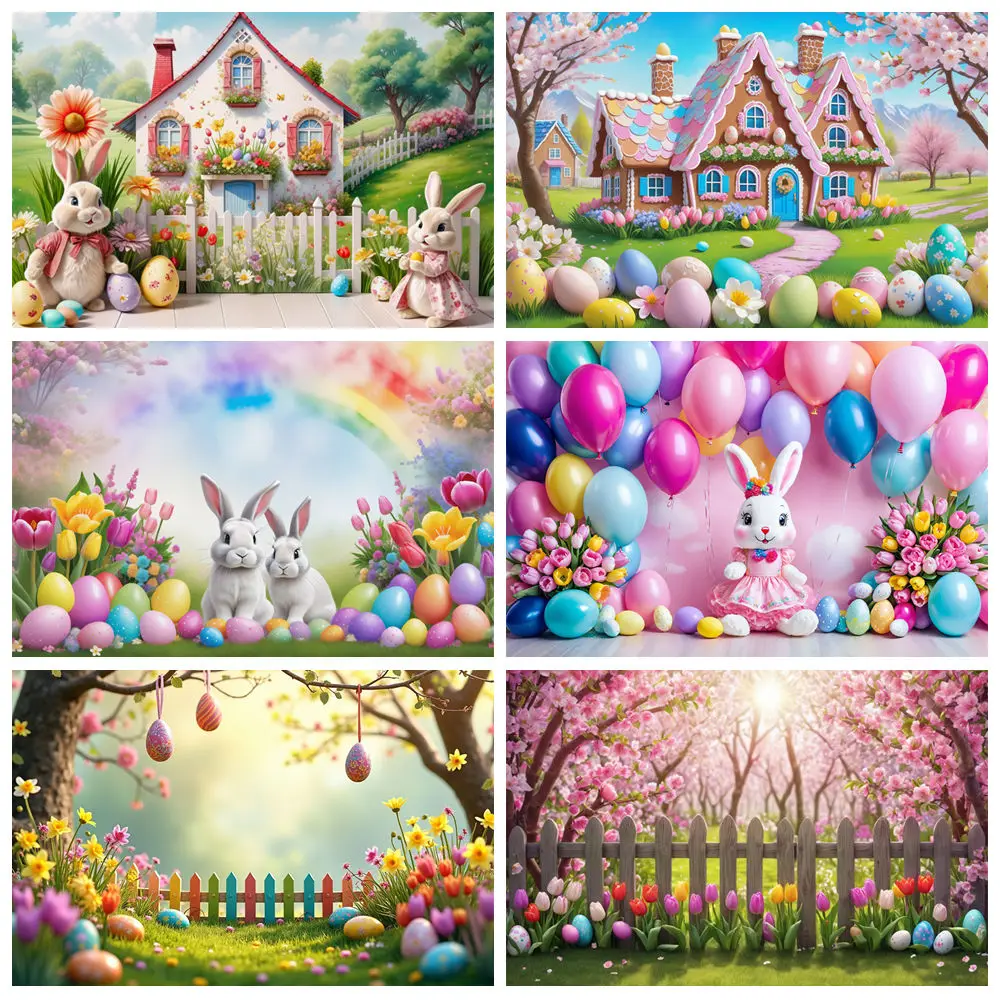 

MOON.QG Easter Hanging Eggs Garden House Home Background Photography Bunny Rabbit Wooden Door Gate Fence Spring Green Backdrop