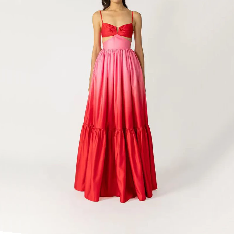 OMSJ Gradient Color Hollowed Out Pleated Long Big Swing Dress Summer Elegant Camisoles Open Back Sleeveless Robe Chic Party Wear