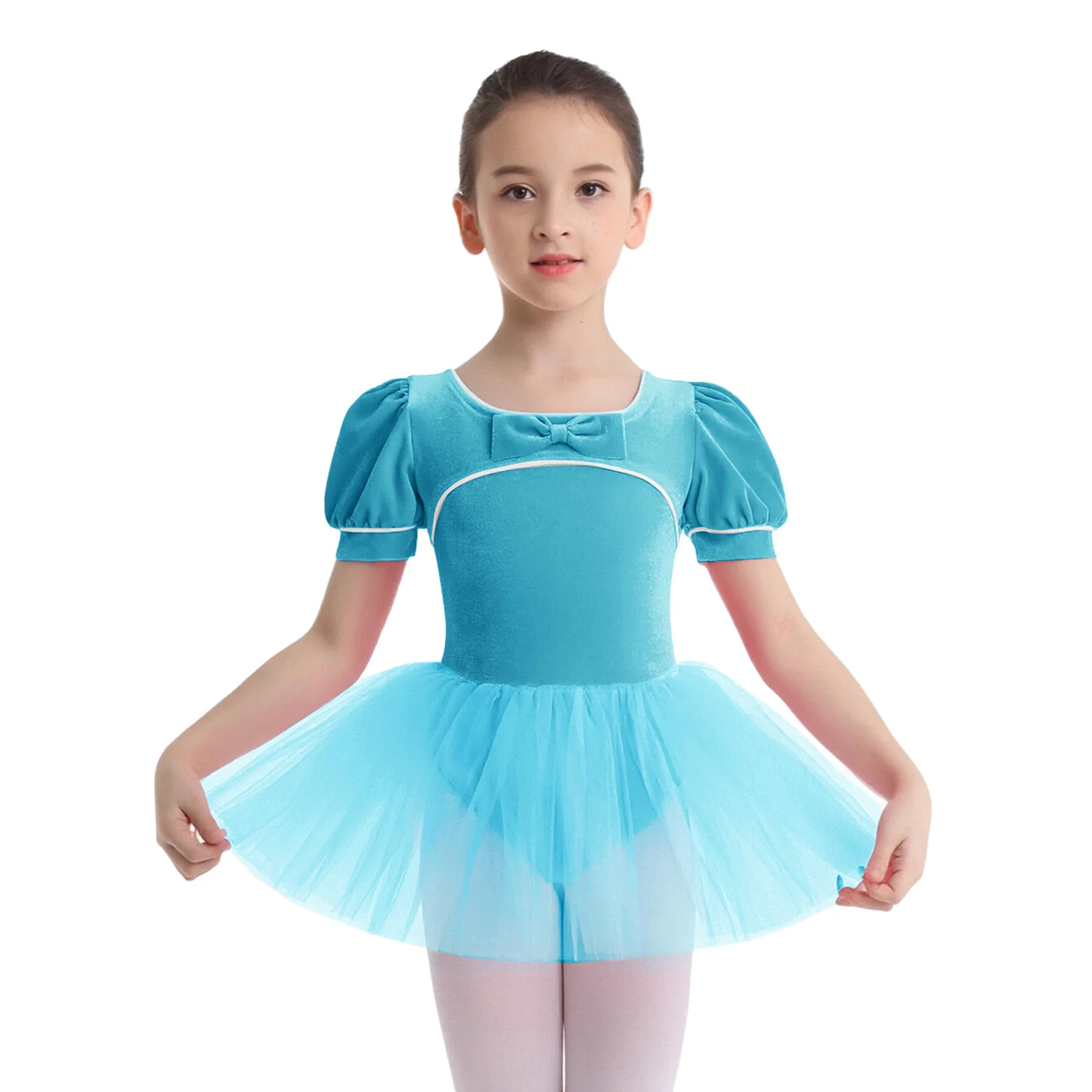 Kids Girls Ballet Tutu Dresses Bowknot Puff Sleeves Ballerina Velvet Tulle Dress Gymnastics Leotard Princess Party Dance Dress