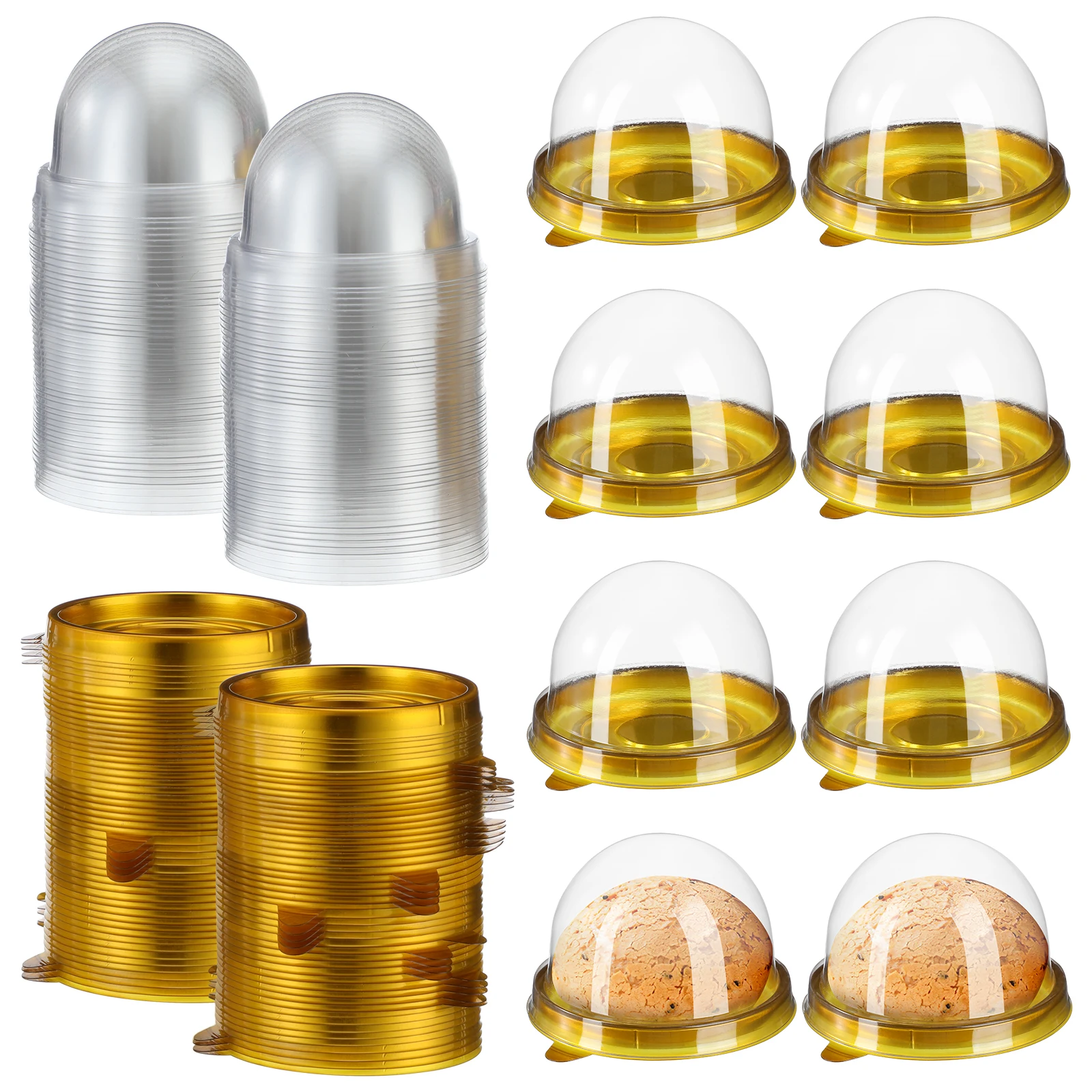 

200pcs Plastic Suction Packaging Box Transparent Food Safe Container Reusable Golden Bottom Case For Dessert Cake Shop