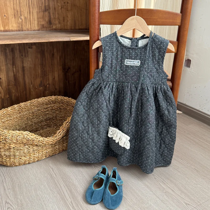 

2025 Winter New Children Sleeveless Dress Plus Velvet Thick Girls Cotton Padded Dress Kids Vest Dress Baby Girl Warm Dress