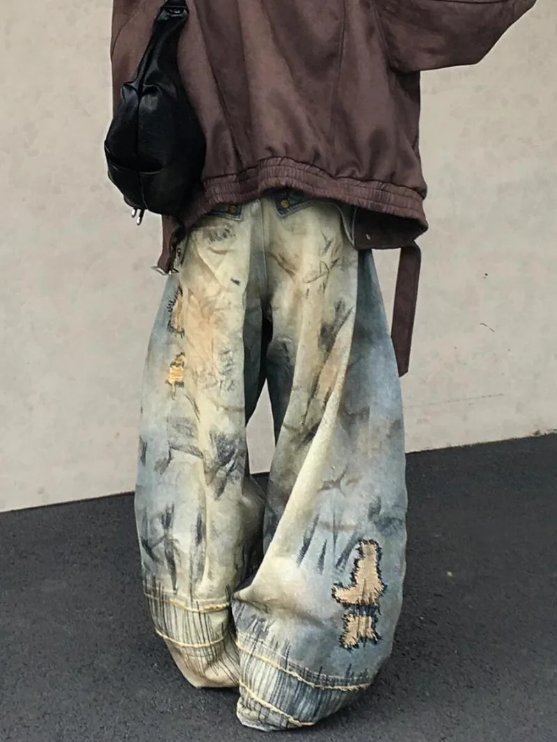Pantalon en Denim brodé de Style American Street Destruction, surdimensionné, rétro, lavage, personnalité, mode, ample, décontracté, jambes larges