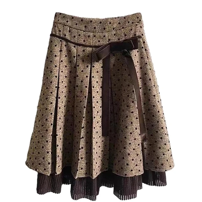 Gonna da donna americana retrò a pois 2025 Autunno Inverno Nuovo dolce fresco carino lana velluto fiocco versatile gonne a trapezio da donna