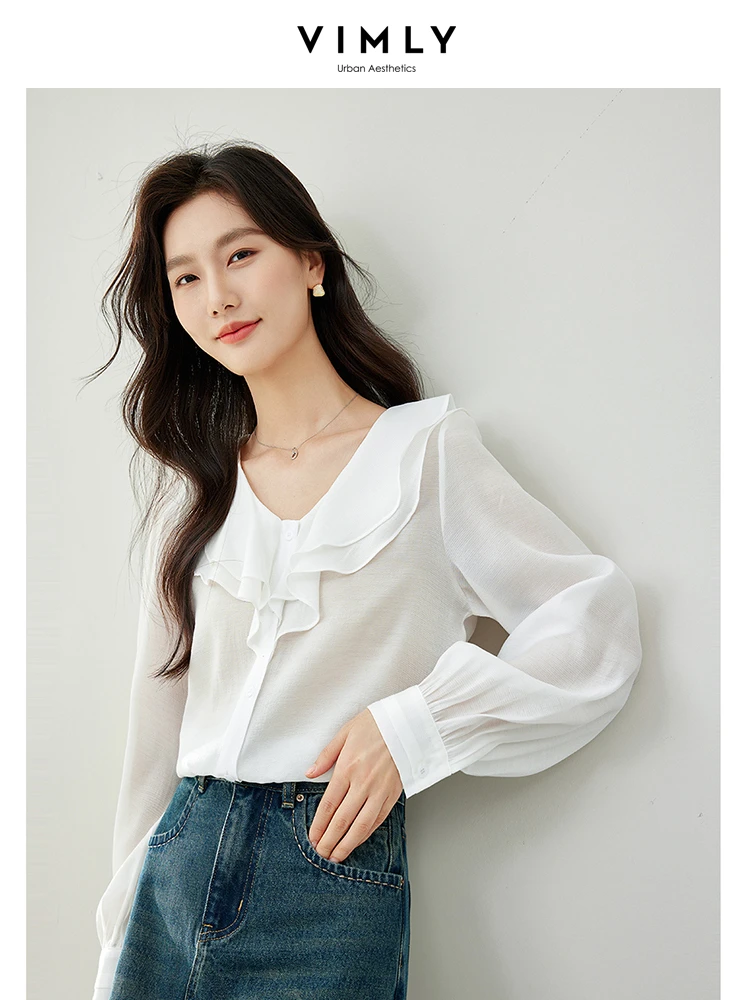 Vimly Ruffled Chiffon White Shirt Women 2024 Spring Elegant Fashion Thin Lightweight Button Up Shirts & Blouses Womens Top M6070