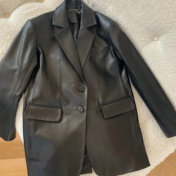 אביב חדש אמיתי עור נשי ארוך oversize כבש מעיל בליזר נשים מעיל