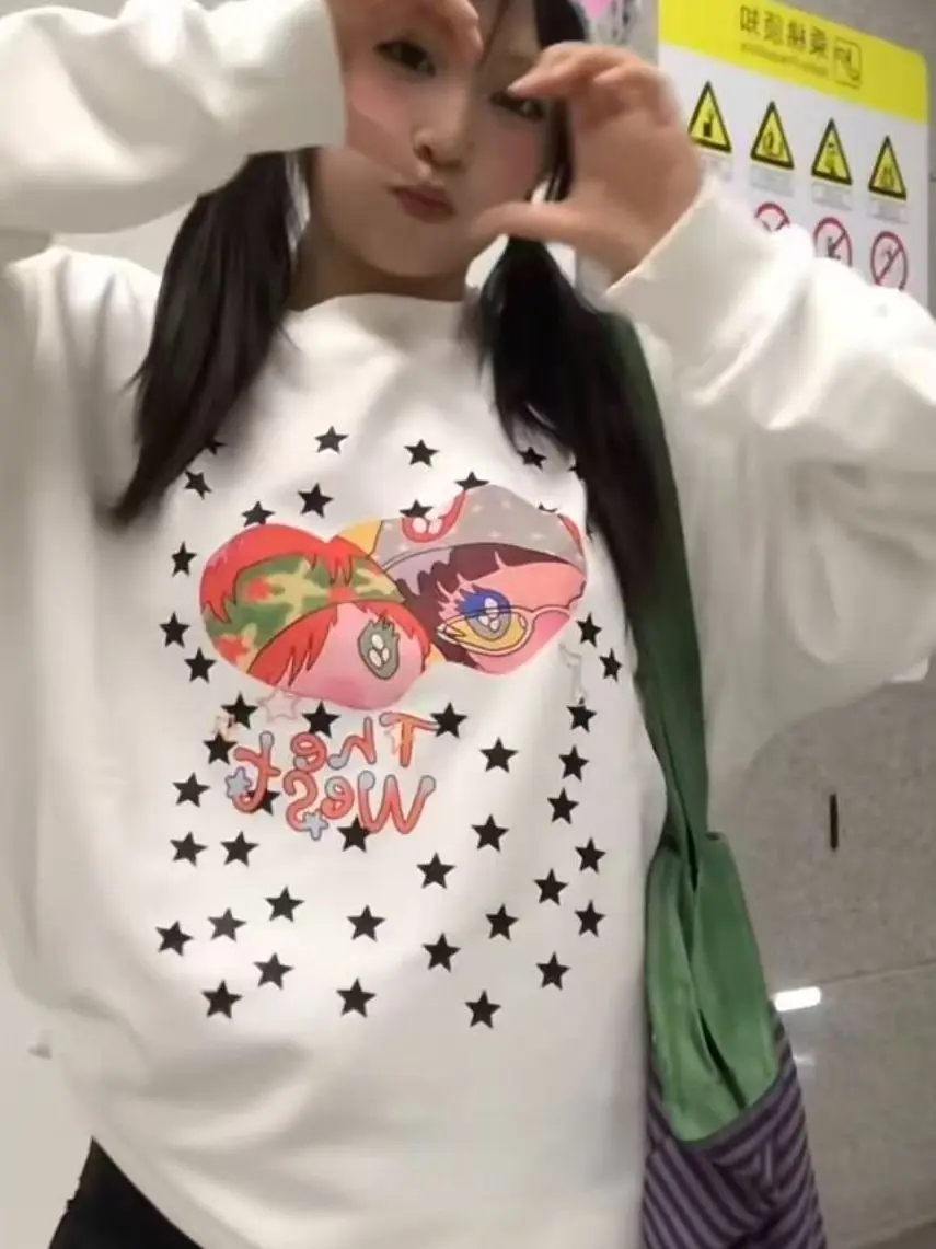 Loose Fit round Neck Girl T-Shirt Star Cartoon Print Casual Comfortable Korean Style Cotton Long Sleeve Mid-Length Top