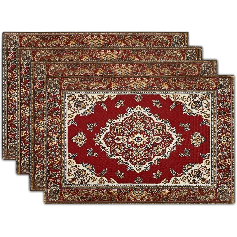 

12"x18" Ethnic Boho Placemats Set Of 4 Antique Tribal Rustic Red Floral Table Mats Farmhouse Carpet Stain Resistant Washable