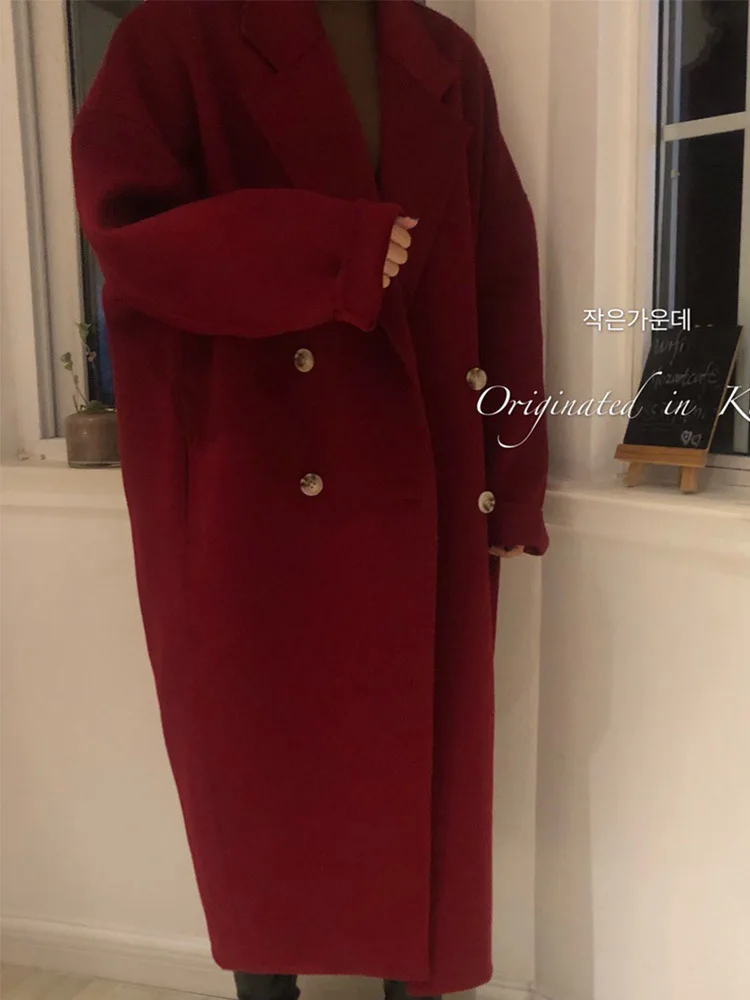 New High-end Red Loose Double-breasted Wool Coat Women Mid-length Fashion Warm Double-sided Wool Coat Lapel Long Jacket Winter
