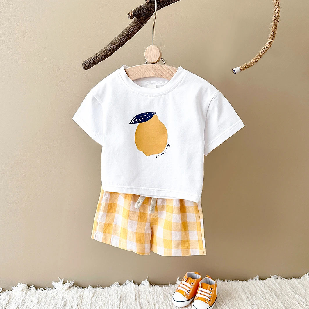 2PCS Summer Baby Boys Girls Clothes Set Lemon Print T-shirt+Checkered Shorts Beach Infant Toddler Outfit Suit 0-3Y