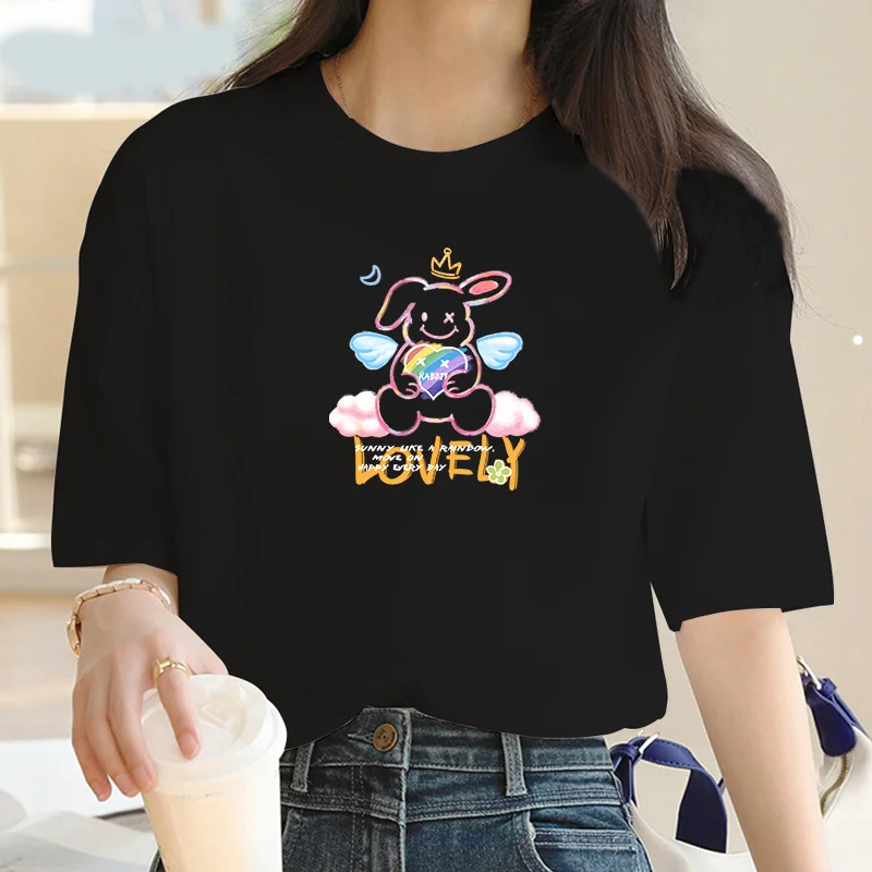 Cute bunny print cotton short sleeve women's street luxury brand T-shirt Loose Oversized T-shirt breathable soft S-5XL