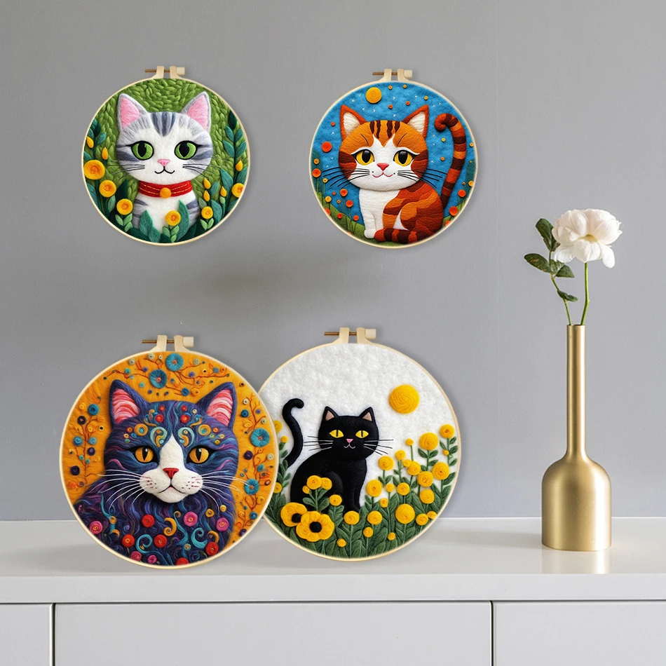 SDOYUNO Diy Creative Making Wool Felt Kit Colors Cat Animals Embroidery Frame Handmade For Animal Needle Felt Supplies Wall Art