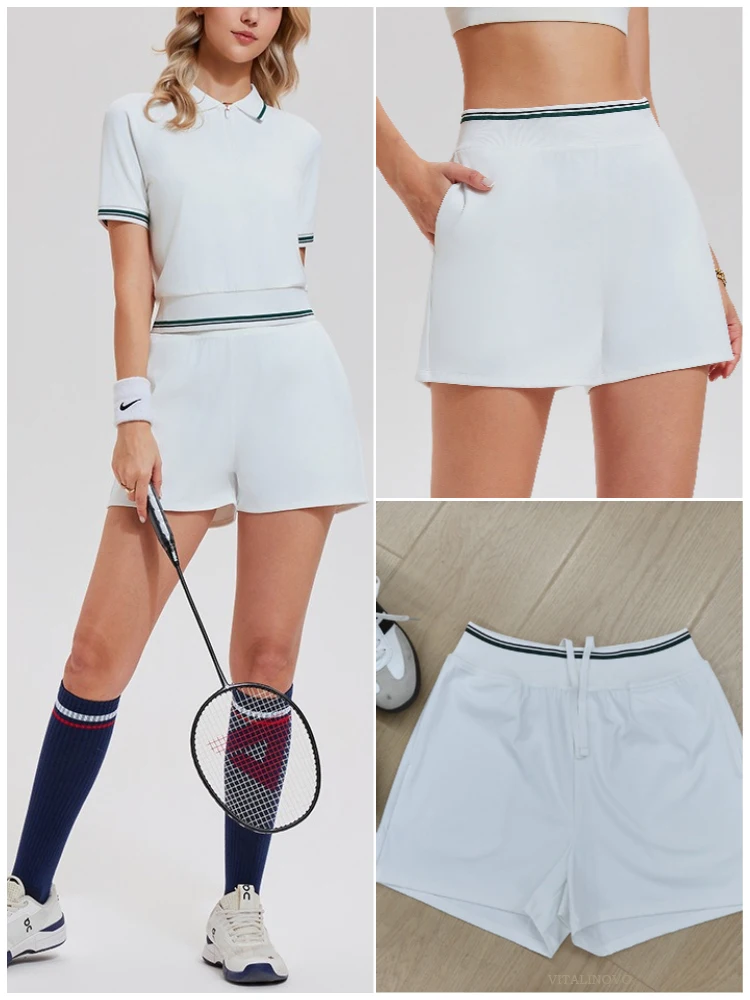 VITALINOVO 2-teiliges Workout-Set für Damen Poloshirts mit Kragen Hochgeschnittene Laufshorts Zweiteiliges Passendes Trainingsoutfit – Detail 5