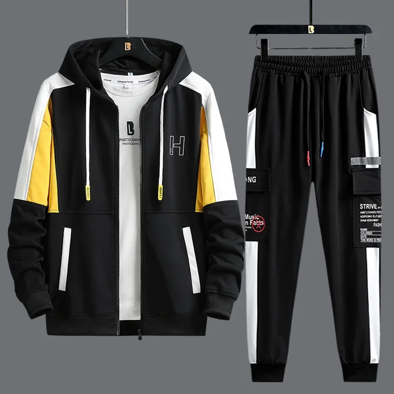 Spring Autumn Mens Two Piece Set Hooded Jacket and Sweatpants Men Tracksuit Hip Hop Style Outfit Set Trendy Sports Suit 2023 New