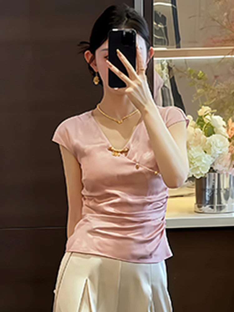 Chino Sle V-Ne irt mujer Faion adelgazante Qipao Top abotonado ort Sve transpirable cómoda versión coreana