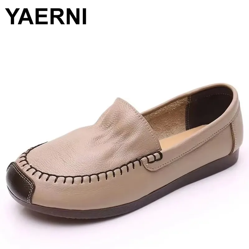 

2025 Flats Women Shoes Spring/Summer New Genuine Leather Round Toe Handmade Concise Shallow Soft Retro Ladies Shoes