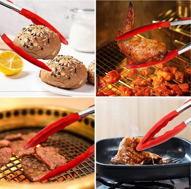 9-inch Silicone Food Tongs Grill Stainless Steel Food Grade Silicone Tip Non-slip Food Tongs BBQ Tongs Kitchen Utensils