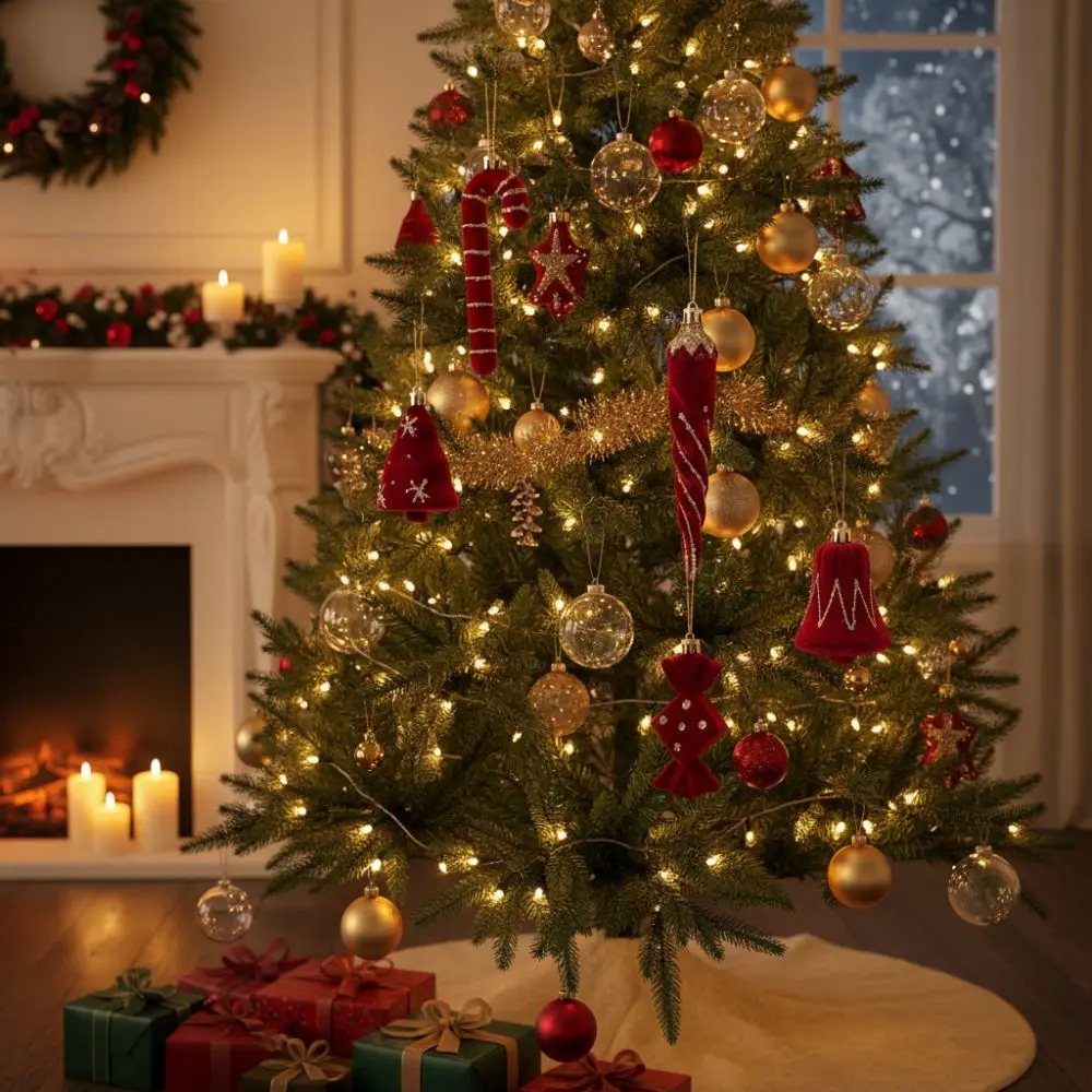 

2pcs Red Christmas Tree Pendants Lollipop Flocked Candy Cane Pendants Bow Bell Xmas Tree Pendant Christmas Tree Decor