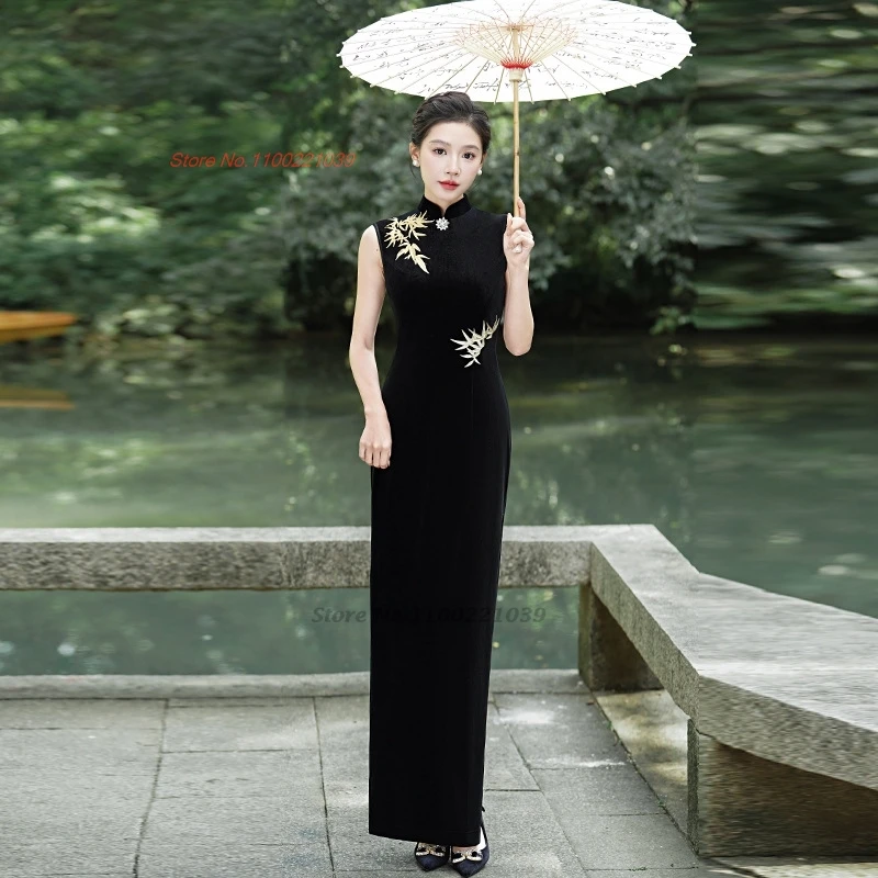 2026 chinese vintage dress velvet qipao traditional bamboo embroidery evening dress sleeveless cheongsam banquet stage dress