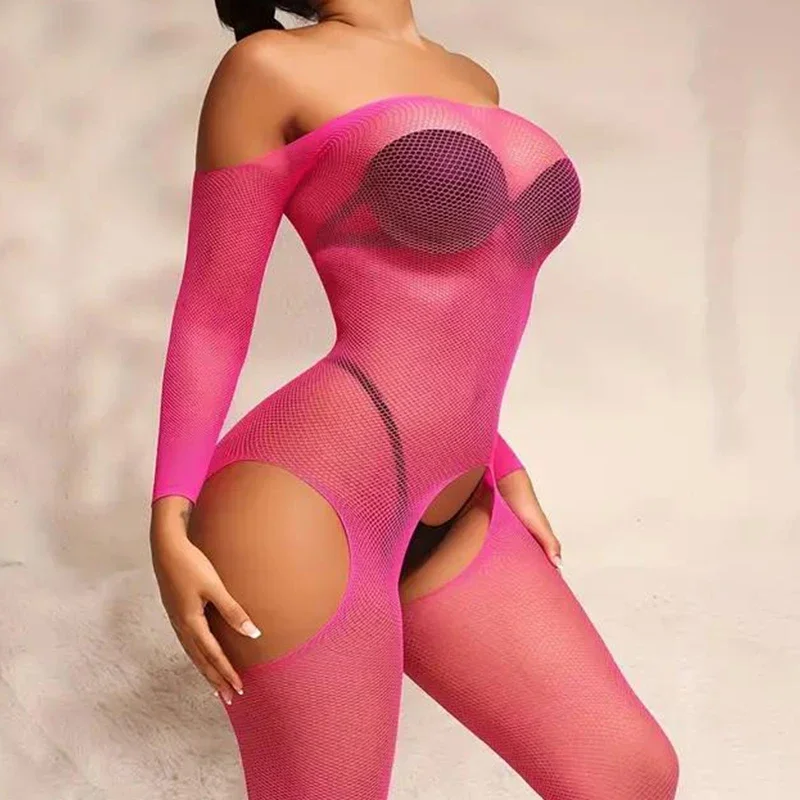 Rose Sexy Fishnet Bodysuit Cosplay Costumes Erotic Crotchless Lingerie Women Off Shoulder Full Body Stockings Mesh Sexy Costumes