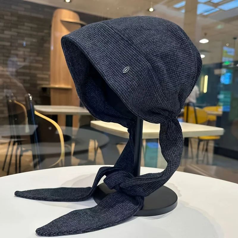 Gorro tipo bucket holgado y cálido de invierno para mujer, estilo coreano, con lazo de cinta y diseño de pañoleta japonesa, de ala corta