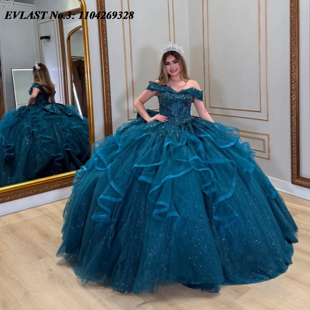

EVLAST индивидуальное зеленое платье Quinceanera 2025 года, бальное платье с кружевной аппликацией, оборками и бантом, милое платье 16, Vestidos De 15 Anos E3Q759