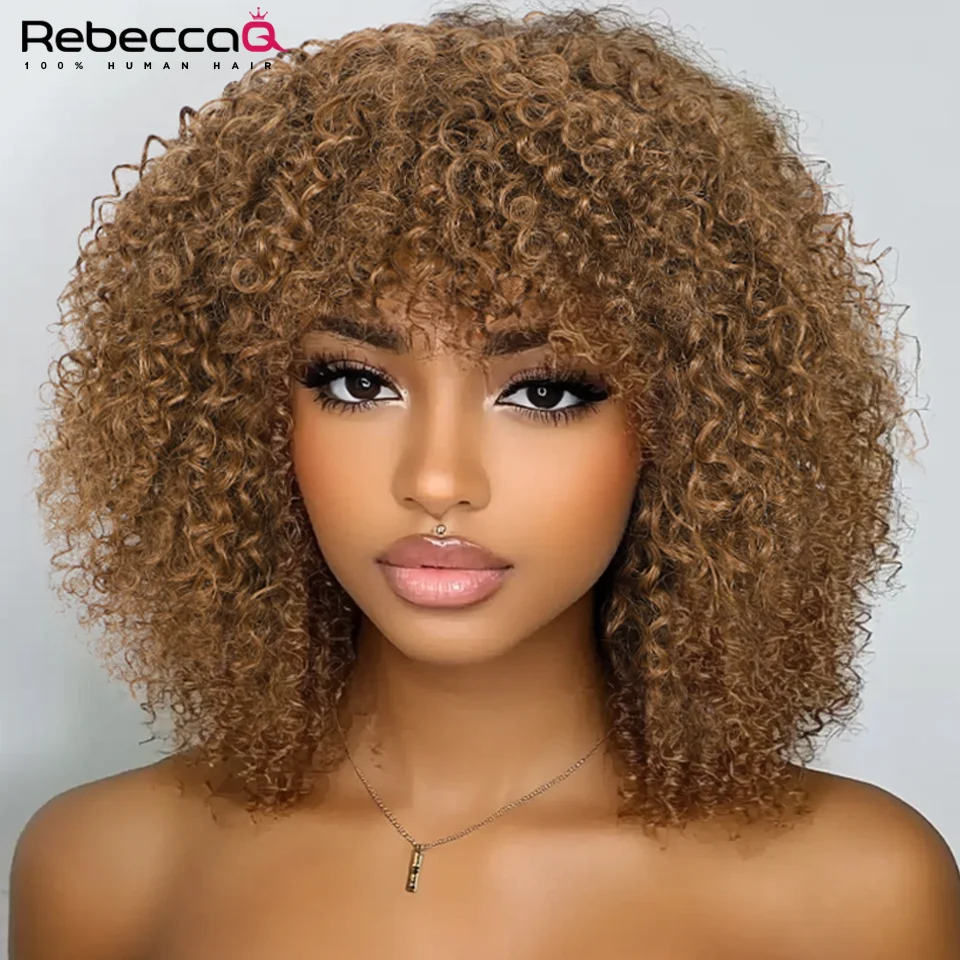 

Short Curly Bob Human Hair Wigs with Bangs Afro Kinky Curly Easy Wig Glueless Wig Remy Peruvian Brown Color Curly Human Hair Wig