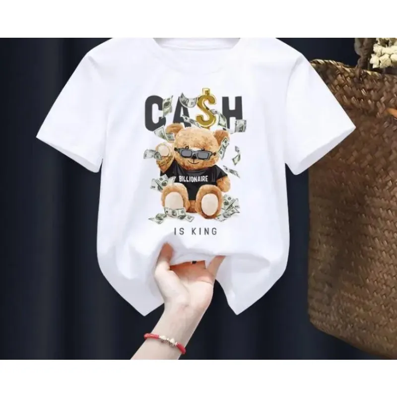 

Skateboard Bear Print New Boys/Girls White T-shirt Kid Summer Harajuku Kawaii Funny Clothes Little Baby Clothes, Tshirt