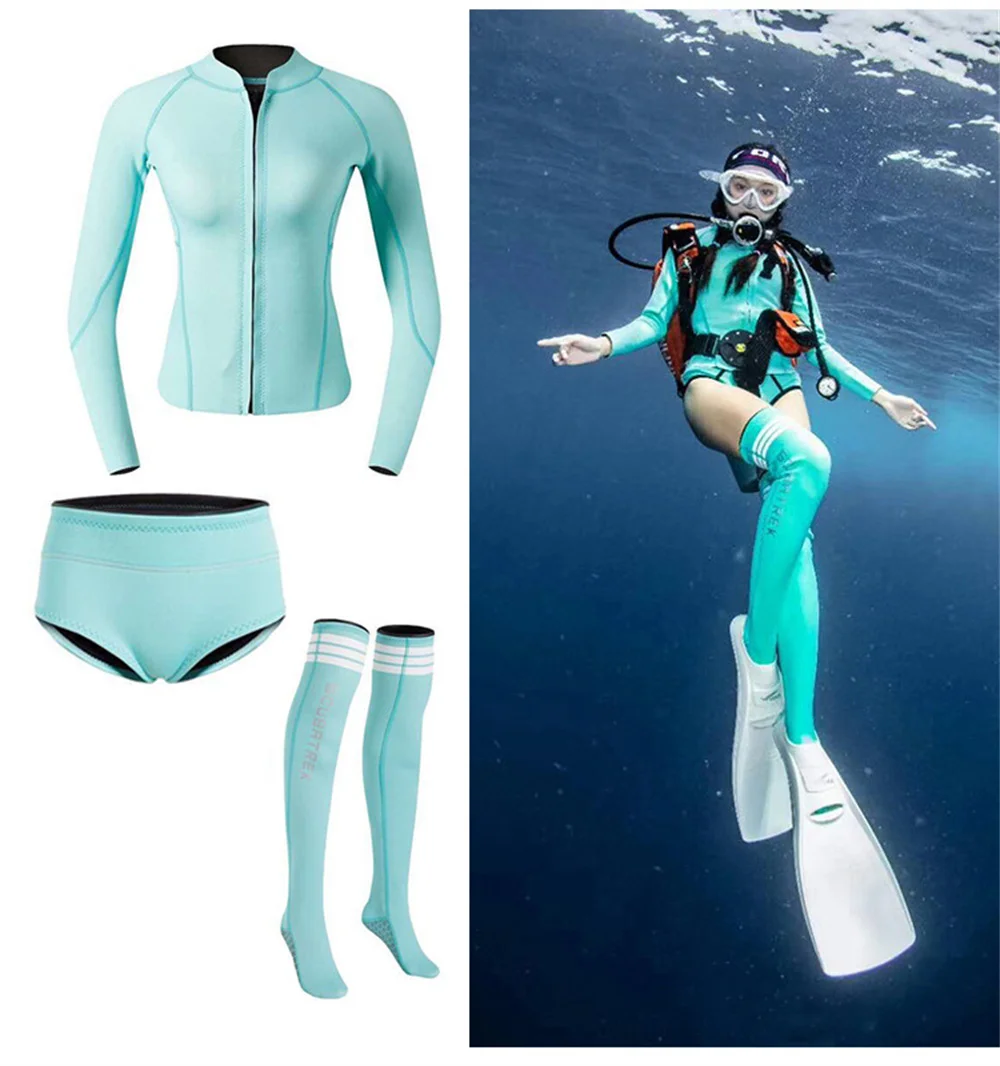 Summer Women 2MM Neoprene Wetsuit Long Sleeve Skin Diving Top Shorts Stockings Sun-proof Surfing Snorkeling 2 Pieces Swimsuit