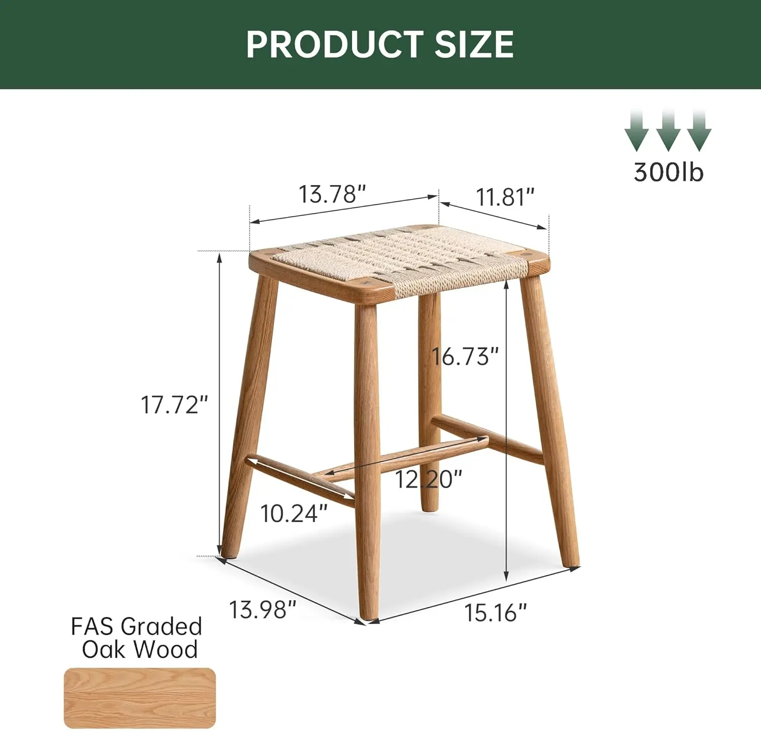 솔리드 오크 팜하우스 현관 스툴, 로프 직조 벤치 시트, 나무 발판(내추럴, 11.8' D x 13.8' W x 17.7' H)