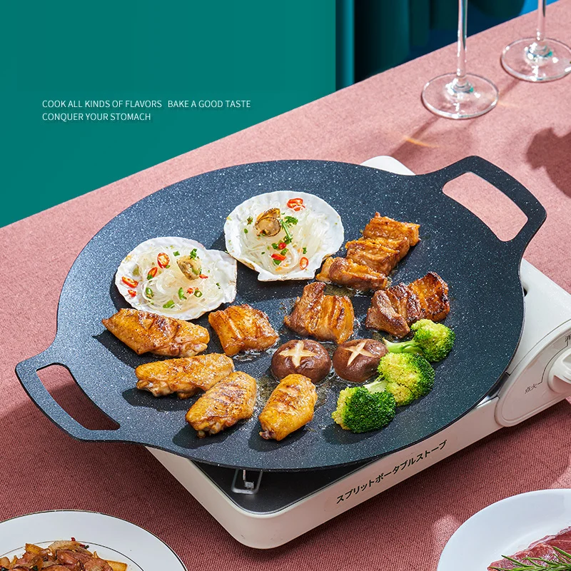 Outdoor Camping Barbecue Plate Korean Grill Round Non-Stick Barbecue Plate Camping Frying Pan Cassette Oven Induction Cooker