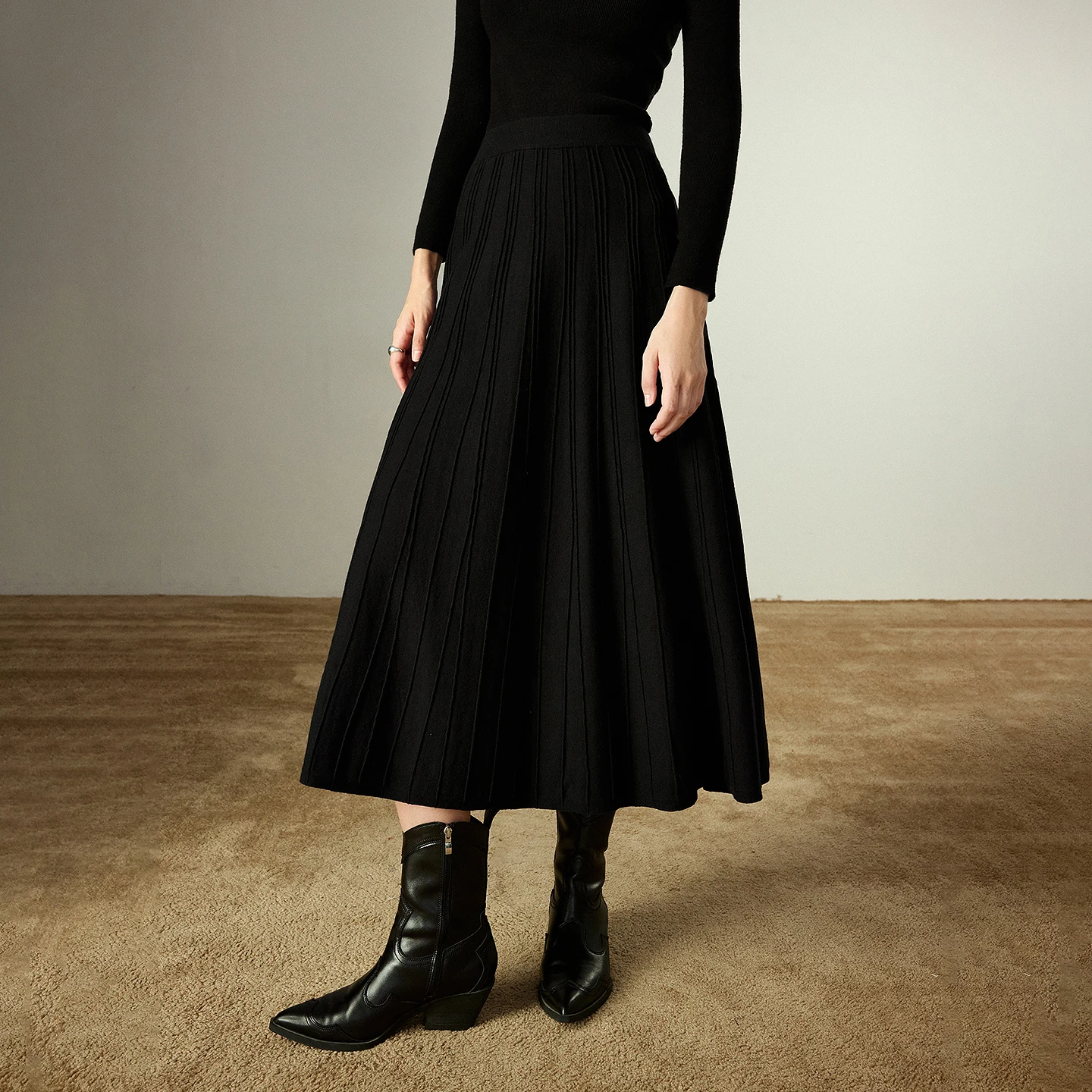 TOYOUTH Women Midi Skirts 2025 Winter New Back Elastic Waist 3D Rib Knitted Black Versatile Umbrella-style Skirts