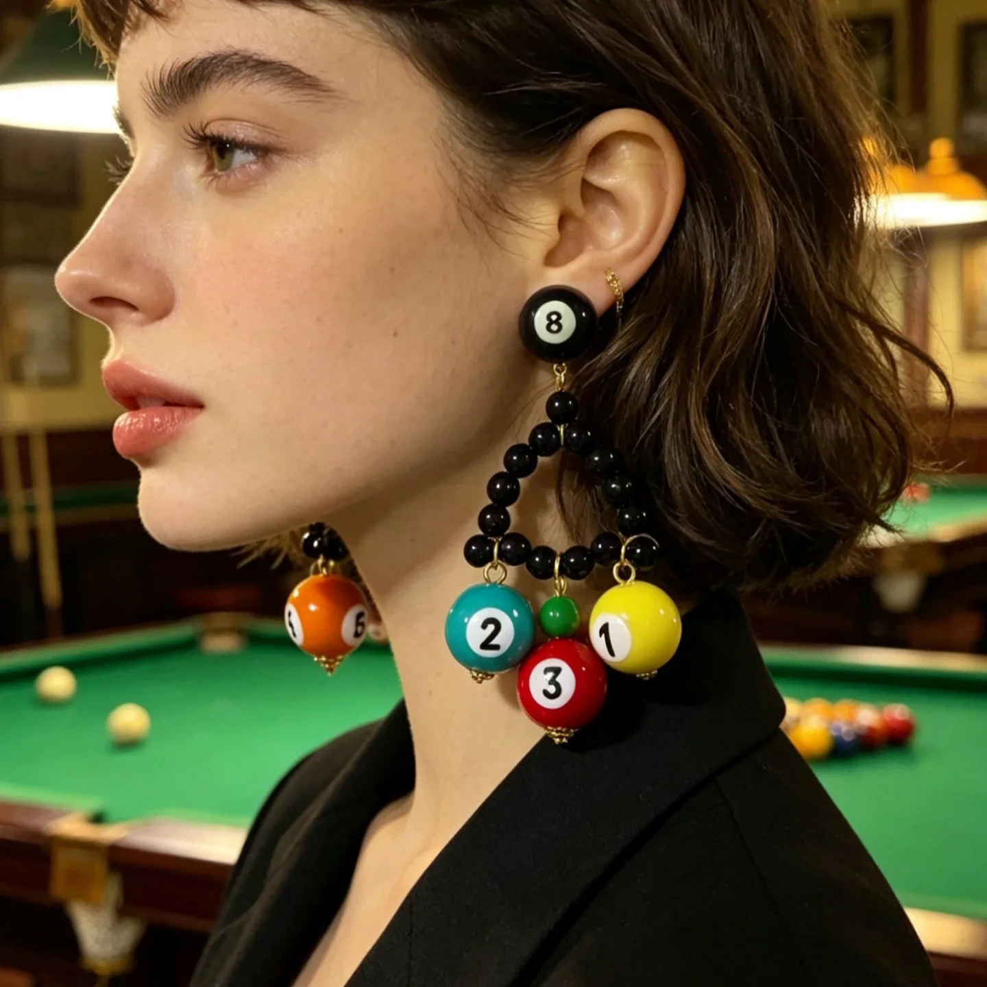 Niche design black beaded billiard stud earrings black 8 personalized earrings colored billiard pendant earrings billiard earrin