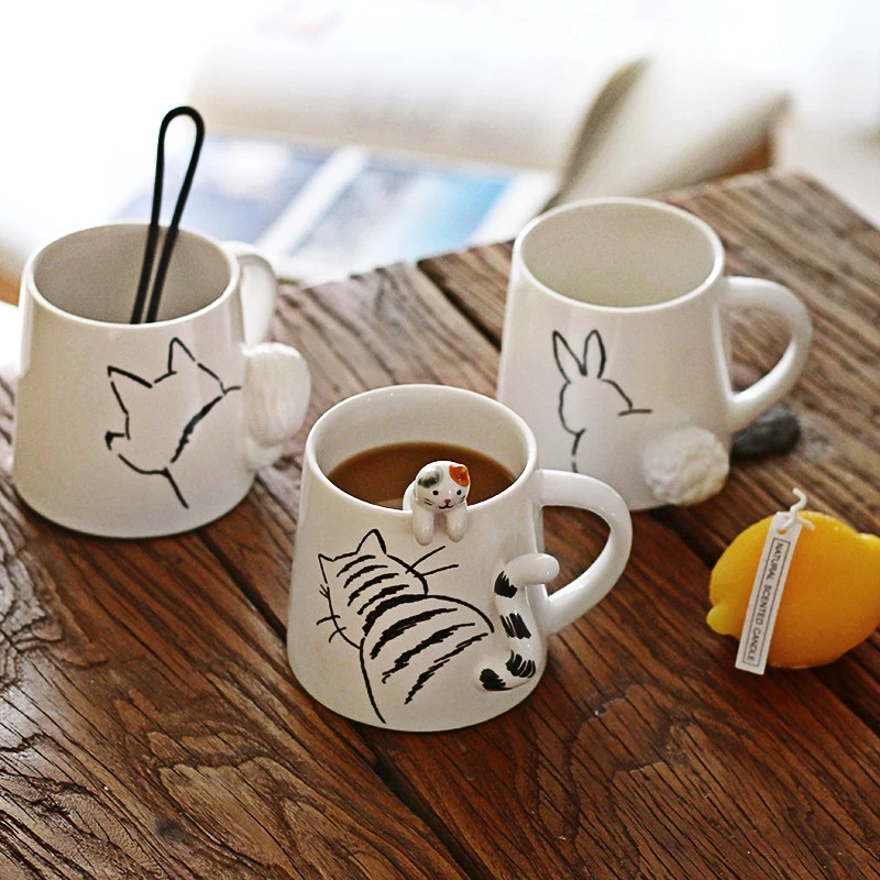 Japanese Cartoon Creative 3D Three-dimensional Ceramic Mug Cute Cat Rabbit Dog Breakfast Milk Coffee Cup with Lid Spoon Set Gift