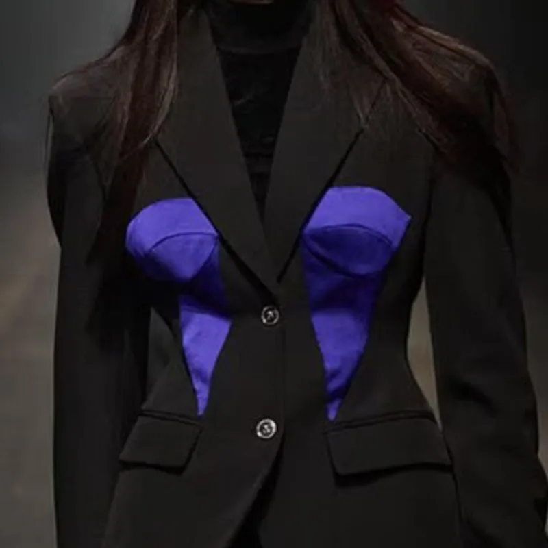 HKSH ブレザー女性のための秋の新シングルブレストコントラストカラースリムフィットシックでエレガントな気質オフィスレディスタイルコート HK10755