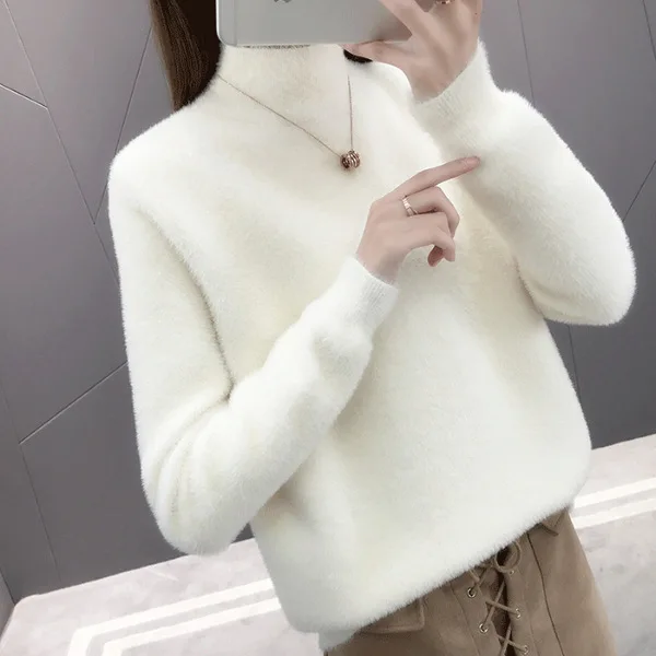 2024 Autumn And Winter New Semi High Neck Base Imitation Mink Fur Pullover Knitted Ins Warm Sweater For Women