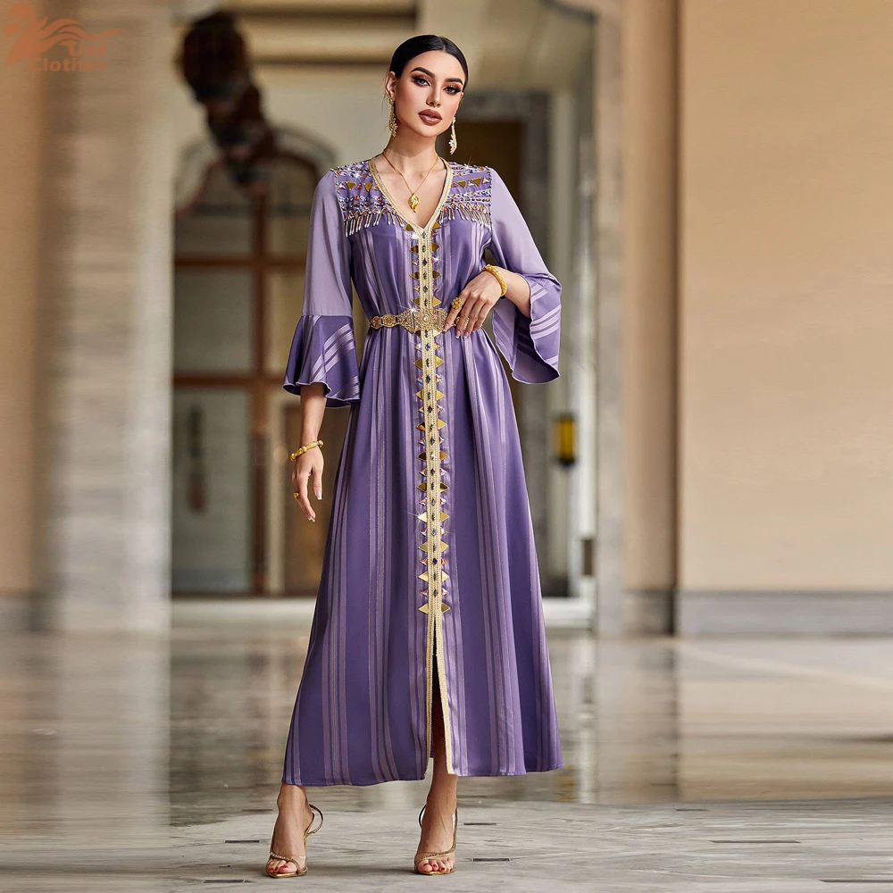 

Uni Luxury Woman Evening Dress Beaded Rhinestone Abayas Dubai Beaded Petal Sleeve Kaftan Have Sashes
