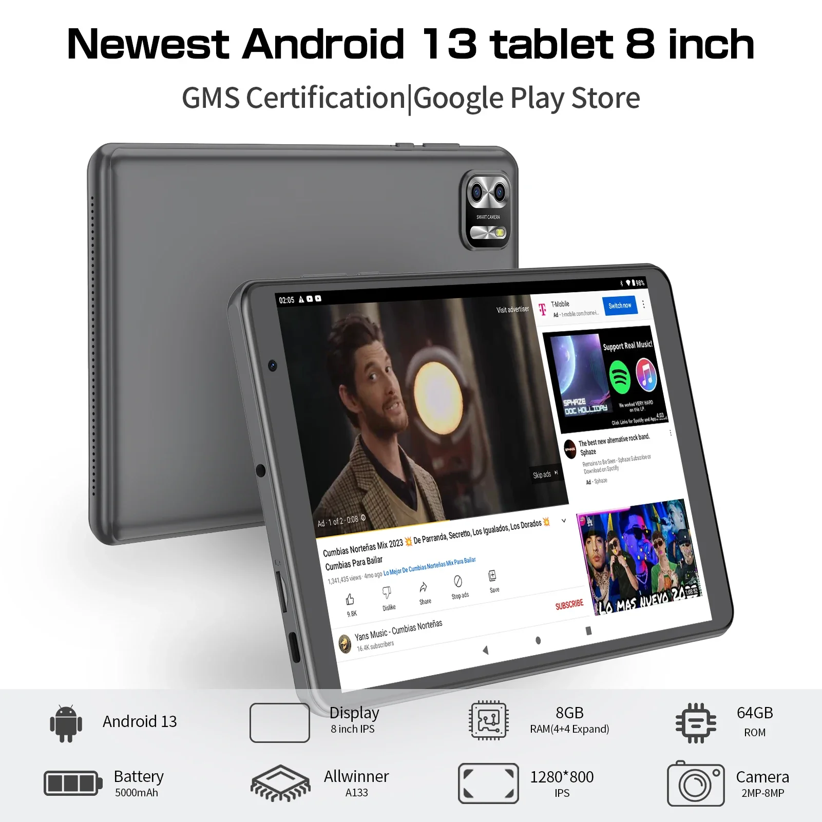 8 Inch Tablet Android 13, 8GB(4+4 Expand) RAM 64GB ROM,1TB Expand,1280x800 IPS Screen 5000MAH Battery,Dual Camera, WiFi