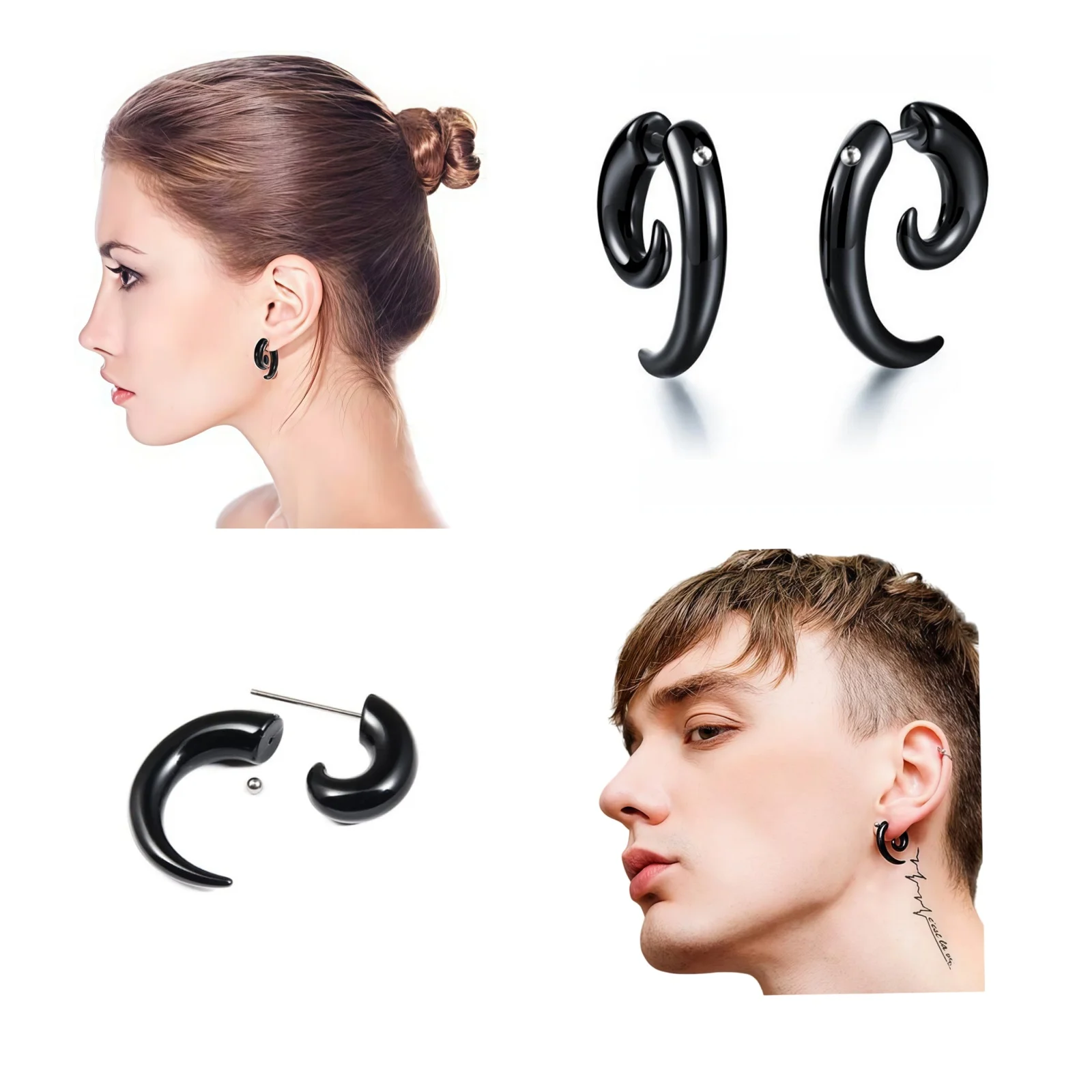 1 Pair Cool Black Large Round Swirl Spiral Tribal Piercing Earrings Acrylic Resin Stainless Steel  Gothic Punk Jewelry Women Men