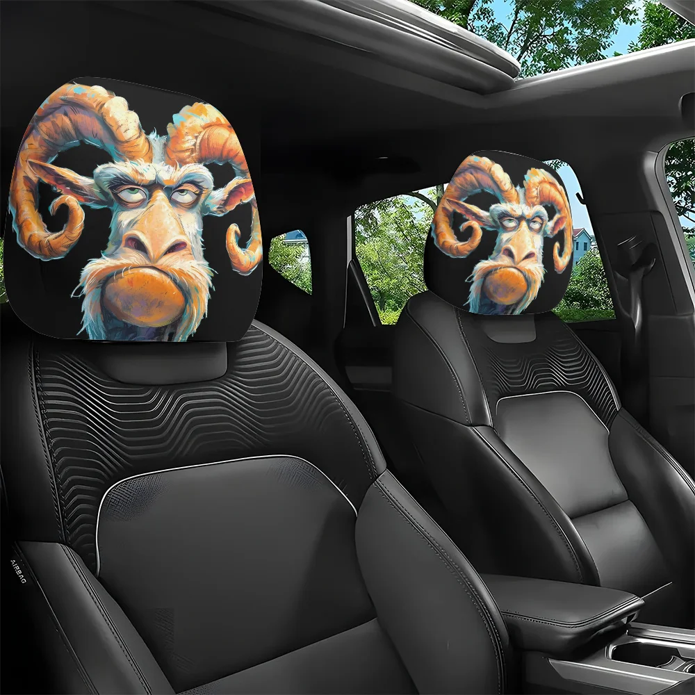 Cartoon Goat Oil Painting Style Car Headrest Covers 2Pcs Universal Fit Washable Easy Installation Unique Auto Interior Decor
