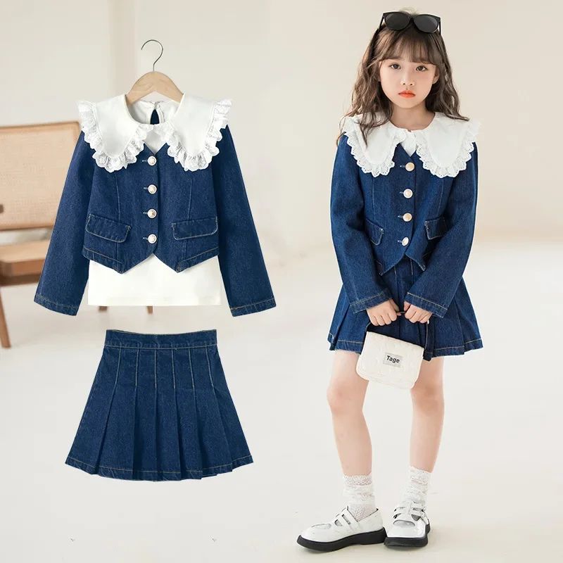 2024 Korean Spring Autumn Children Sets For Girls Junior Girl Jacket Elementary Girl Cardigan Tops Teenager Girl Short Skirt