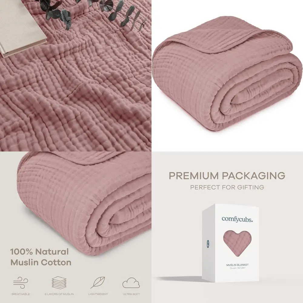 

6-слойное муслиновое одеяло для взрослых размера Queen 90x90 — мягкое, дышащее, легкое, можно стирать в машине, всесезонное лиловое одеяло с американским дизайном