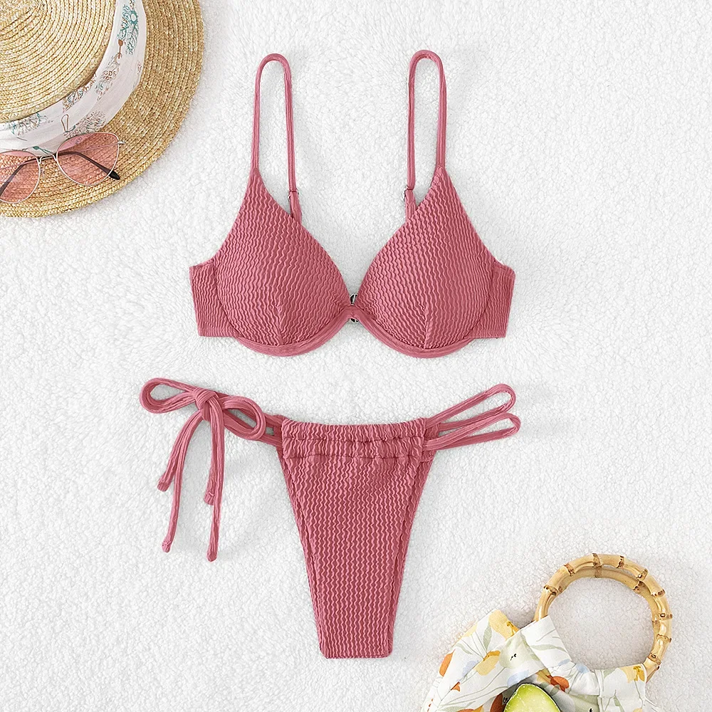 Costume da bagno con ferretto in 2 pezzi tinta unita donna 2024 scollo a V a costine bikini push up vita bassa perizoma costume da bagno costumi da bagno da spiaggia nuovo