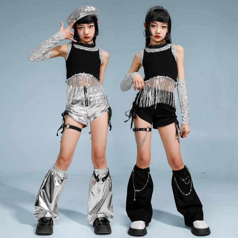 

Girl's Jazz Dance Performance Costume Hip-Hop Fringe Black and Silver Belly Dance Performance Outfit